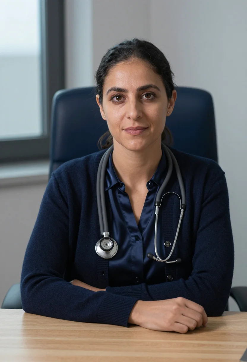 AI gp surgery november navy sample — portrait of a woman, framed chest-up, cropped at the ribs, t