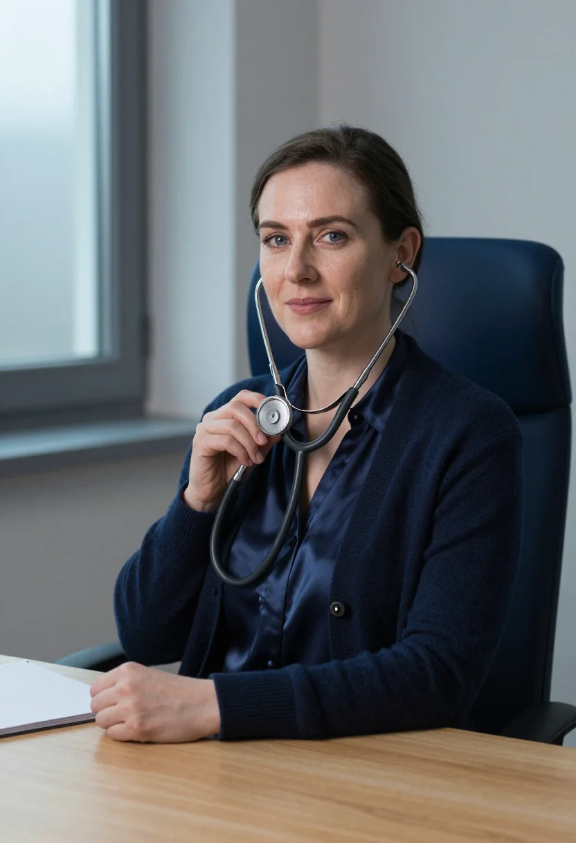 AI gp surgery november navy sample — portrait of a woman, framed half-length, cropped at the wais