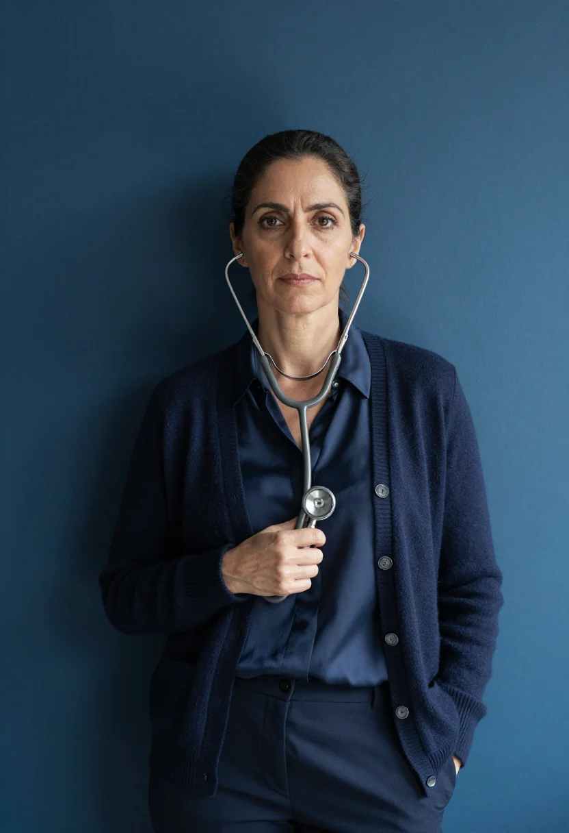 AI gp surgery november navy sample — portrait of a woman, framed three-quarter length, cropped at