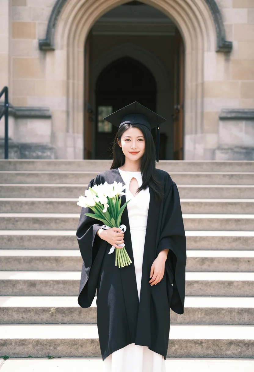 AI graduation may cap gown lawn sample — portrait of a woman, a Chinese-British graduate in her early