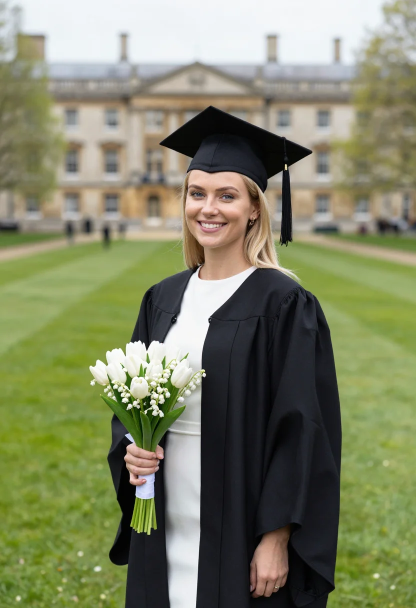 AI graduation may cap gown lawn sample — portrait of a woman, a Dutch graduate in her early twenties