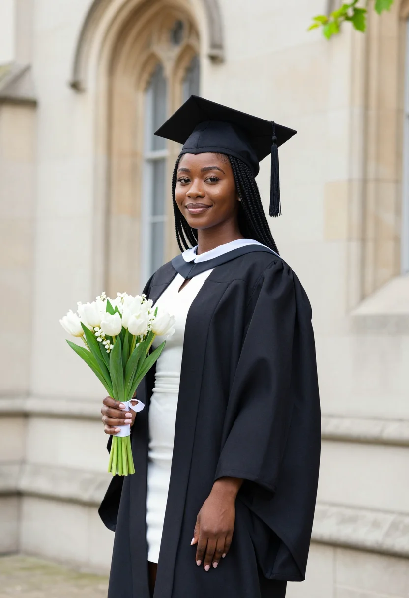 AI graduation may cap gown lawn sample — portrait of a woman, a Nigerian-British graduate in her earl