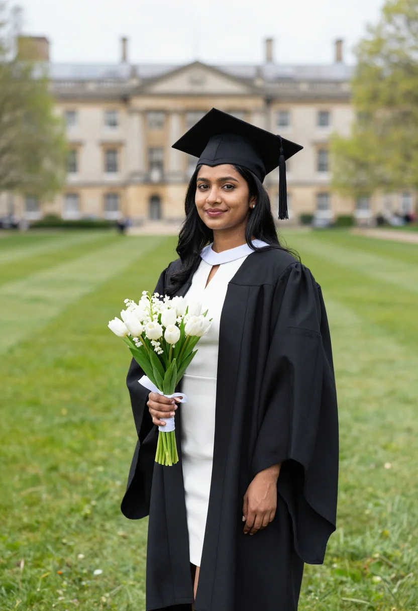 AI graduation may cap gown lawn sample — portrait of a woman, an Indian-British graduate in her early