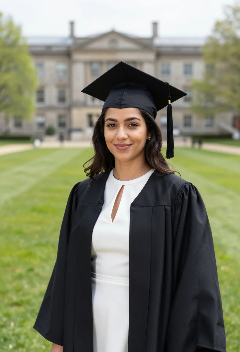AI graduation may cap gown lawn sample — portrait of a woman, a French graduate in her early twenties
