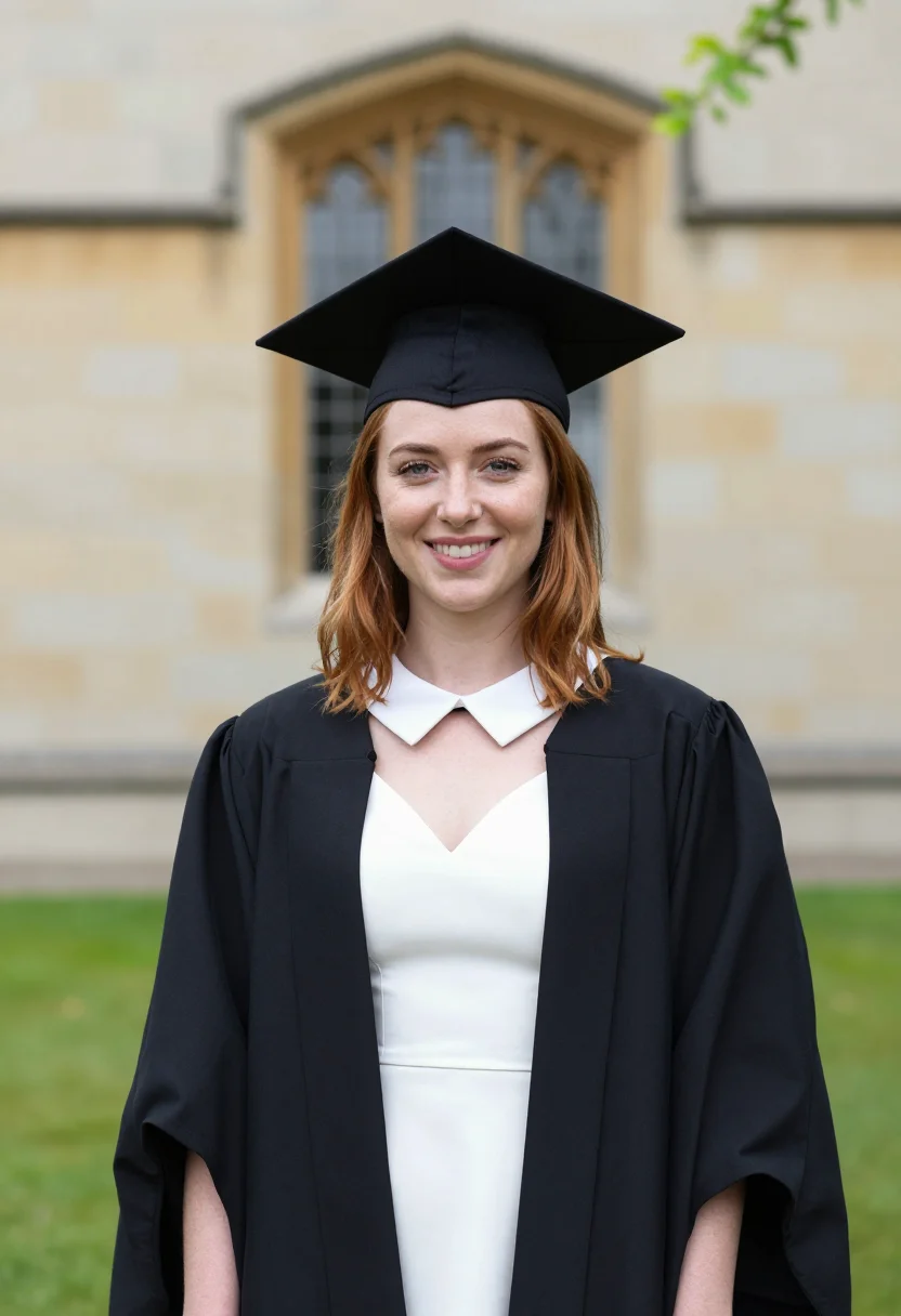 AI graduation may cap gown lawn sample — portrait of a woman, an Irish graduate in her early twenties