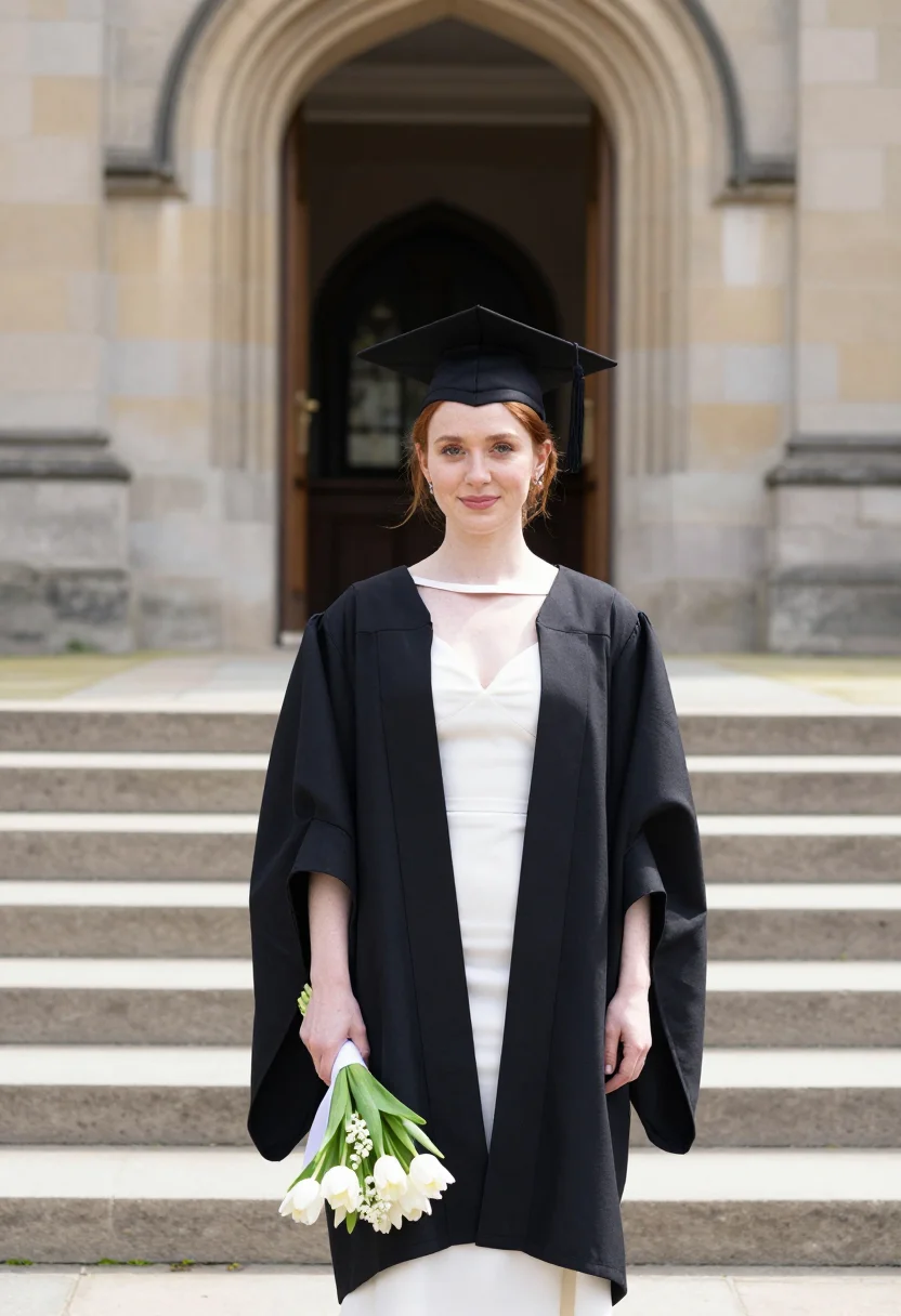 AI graduation may cap gown lawn sample — portrait of a woman, a Scottish graduate in her early twenti