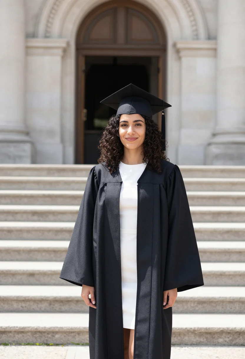 AI graduation may cap gown lawn sample — portrait of a woman, an Italian graduate in her mid-twenties