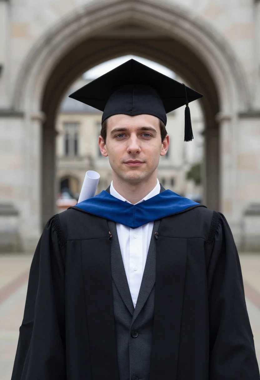 AI graduation quad blue hood sample — portrait of a man, framed tight, head and shoulders, the bod