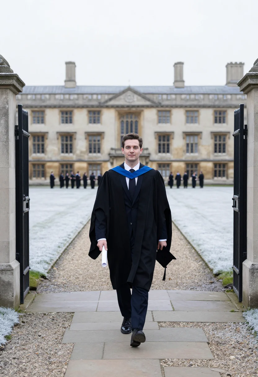 AI graduation quad blue hood sample — portrait of a man, framed wide and full-length from the lodg