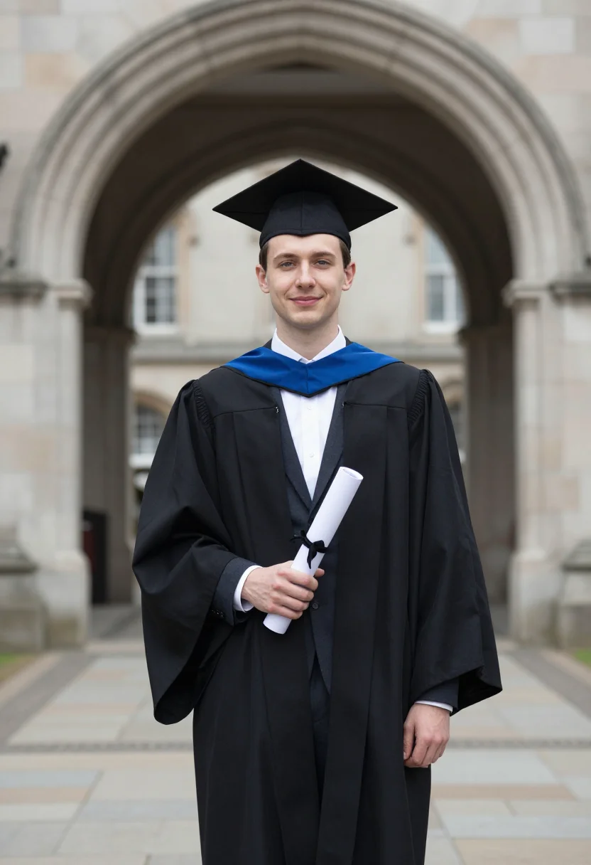 AI graduation quad blue hood sample — portrait of a man, framed three-quarter length from mid-thig