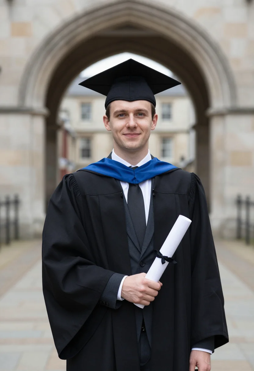 AI graduation quad blue hood sample — portrait of a man, framed chest-up from the ribs, the body c