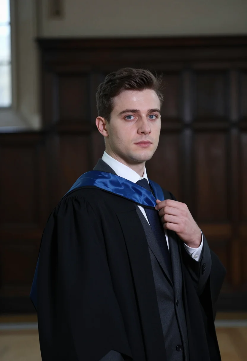 AI graduation quad blue hood sample — portrait of a man, framed chest-up from the ribs, the body c
