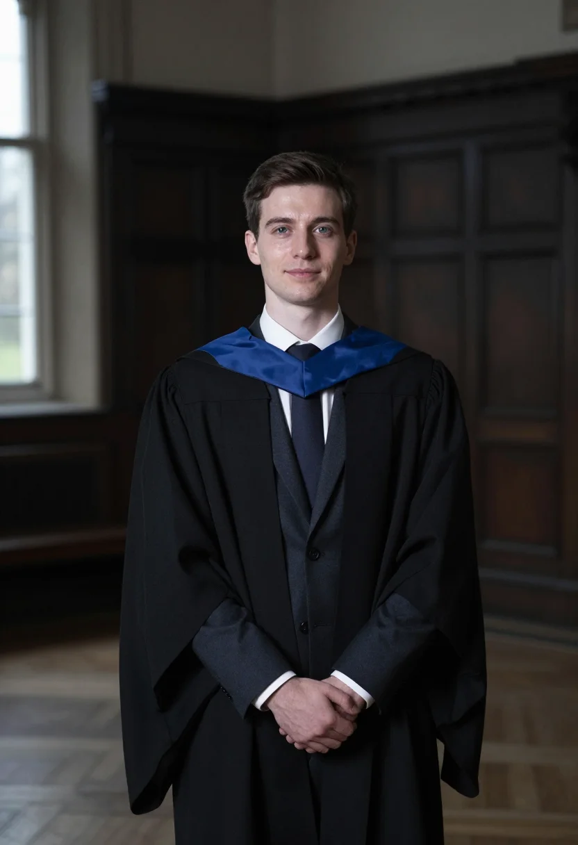 AI graduation quad blue hood sample — portrait of a man, framed half-length from the waist up in t