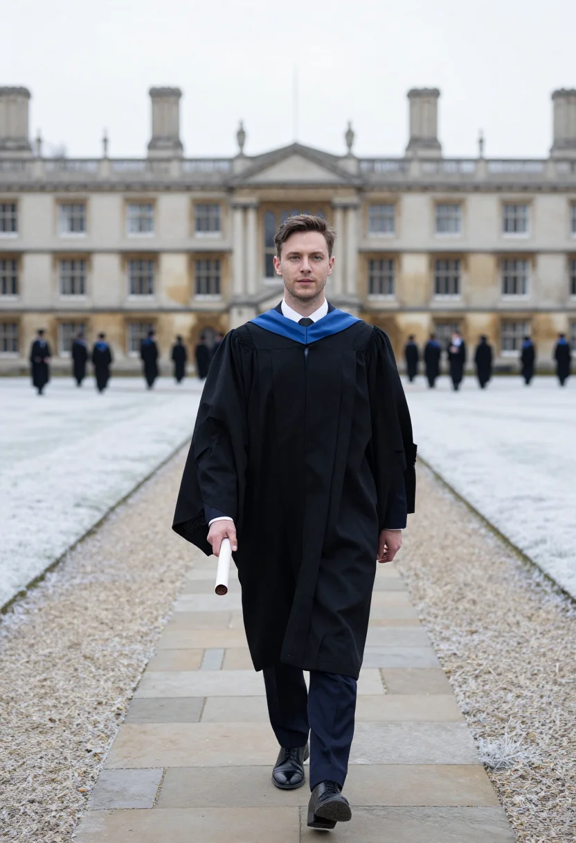 AI graduation quad blue hood sample — portrait of a man, framed chest-up from the ribs, the body c