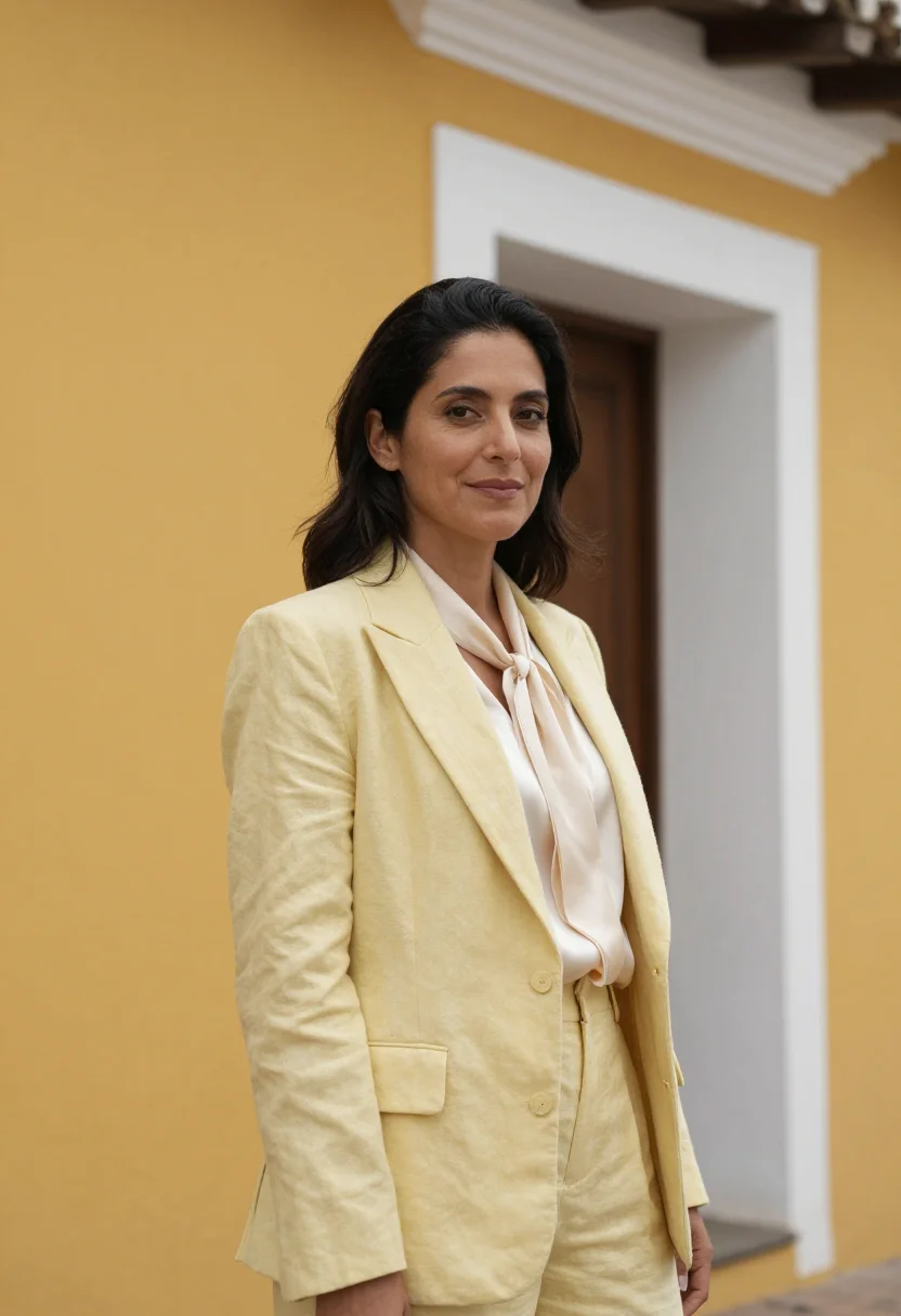AI granada nicaragua hotelier yellow colonial sample — portrait of a woman, a Spanish hotelier in her mid-forties w