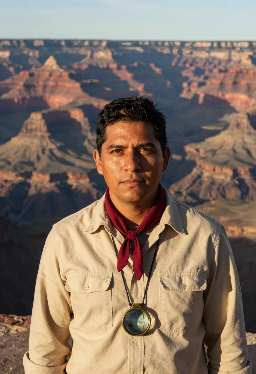 AI grand canyon geologist strata sample — portrait of a man, head-and-shoulders portrait of a Latino m