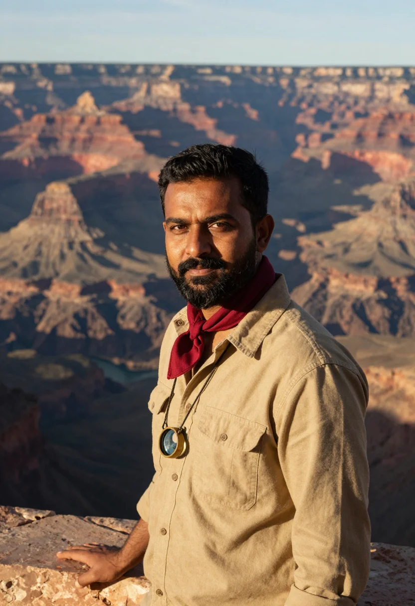 AI grand canyon geologist strata sample — portrait of a man, chest-up portrait of a South-Asian man in