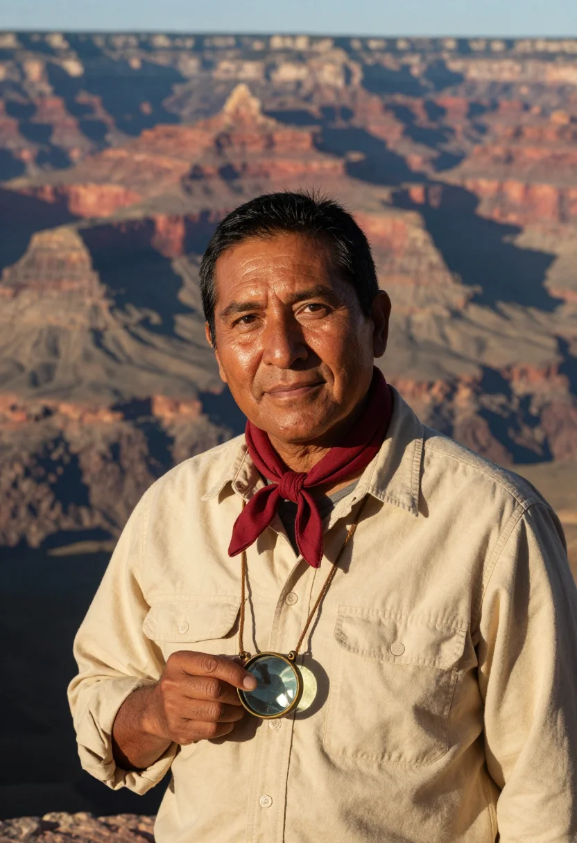 AI grand canyon geologist strata sample — portrait of a man, chest-up portrait of a Native American ma