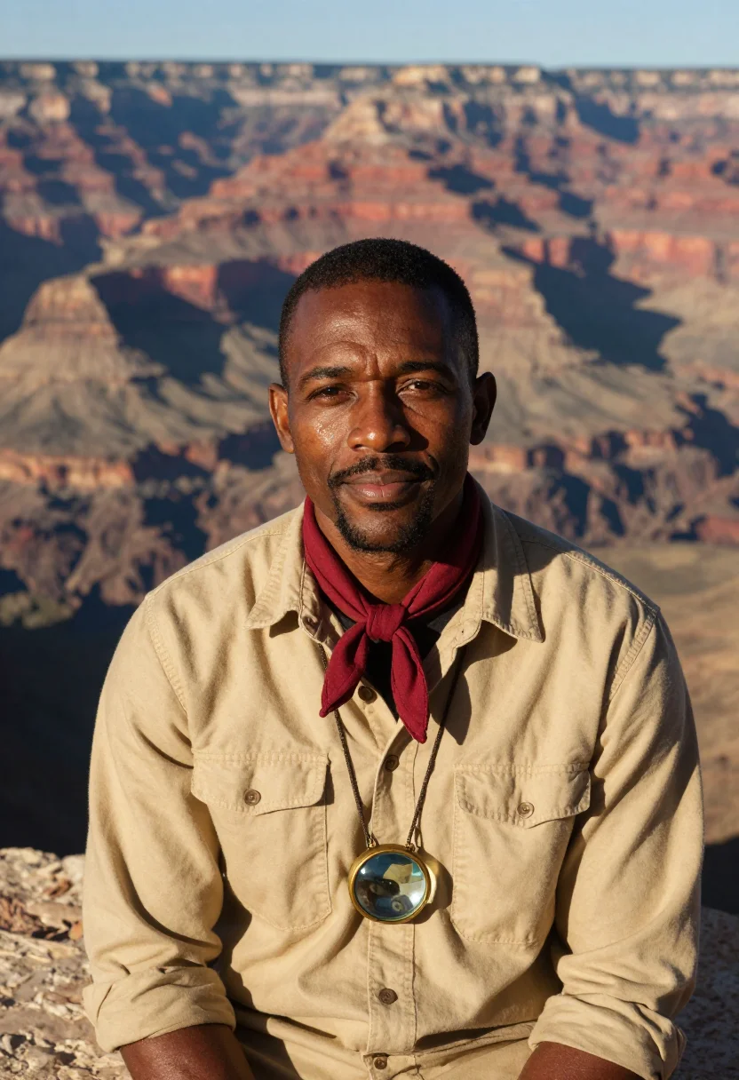 AI grand canyon geologist strata sample — portrait of a man, head-and-shoulders portrait of a Black ma