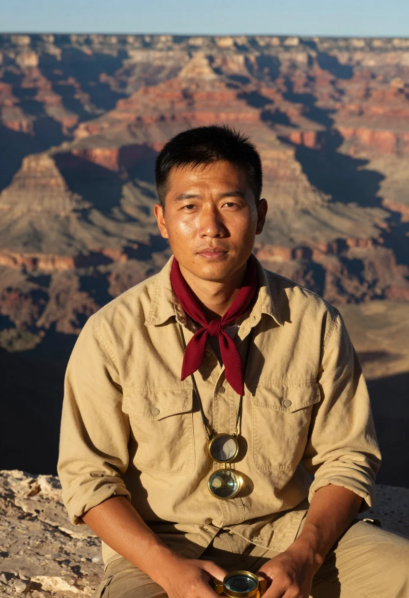 AI grand canyon geologist strata sample — portrait of a man, chest-up portrait of an East-Asian man in