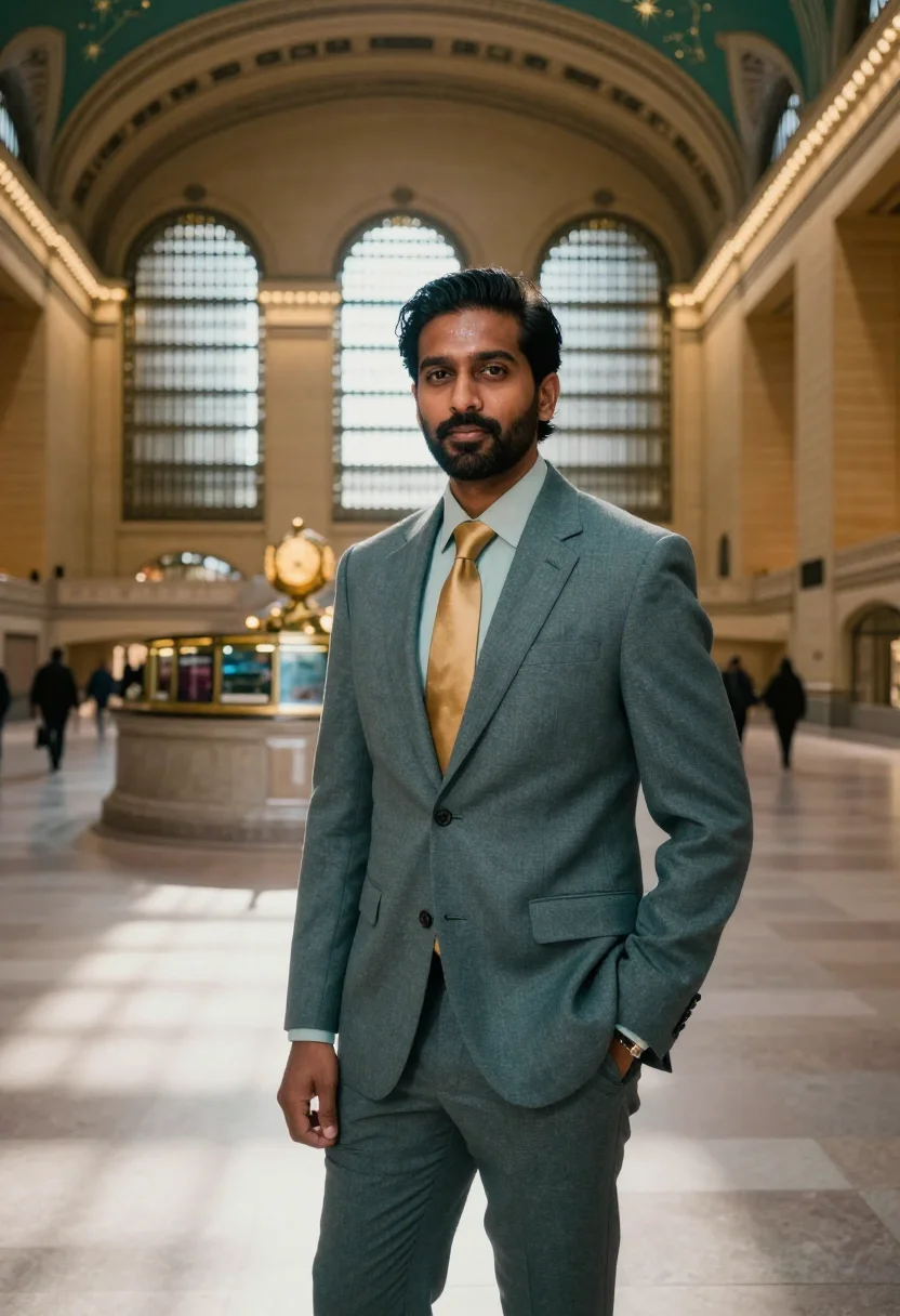 AI grand central executive celestial teal sample — portrait of a man, framed at half-length, cropped at the hip