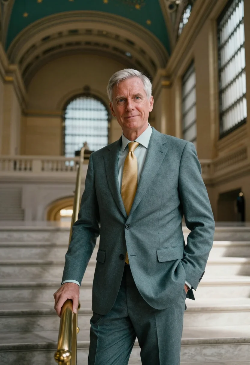 AI grand central executive celestial teal sample — portrait of a man, framed at half-length, cropped at the hip