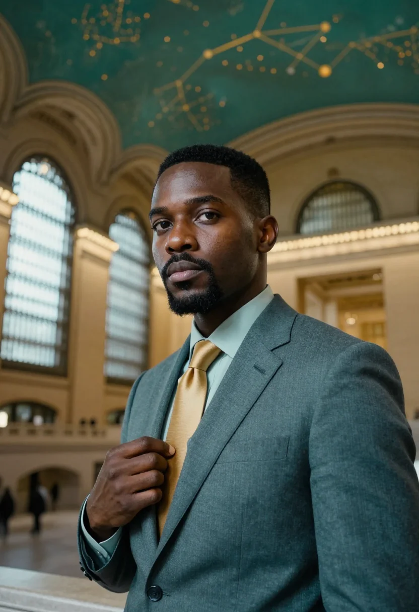 AI grand central executive celestial teal sample — portrait of a man, framed chest-up, cropped at the ribs, the