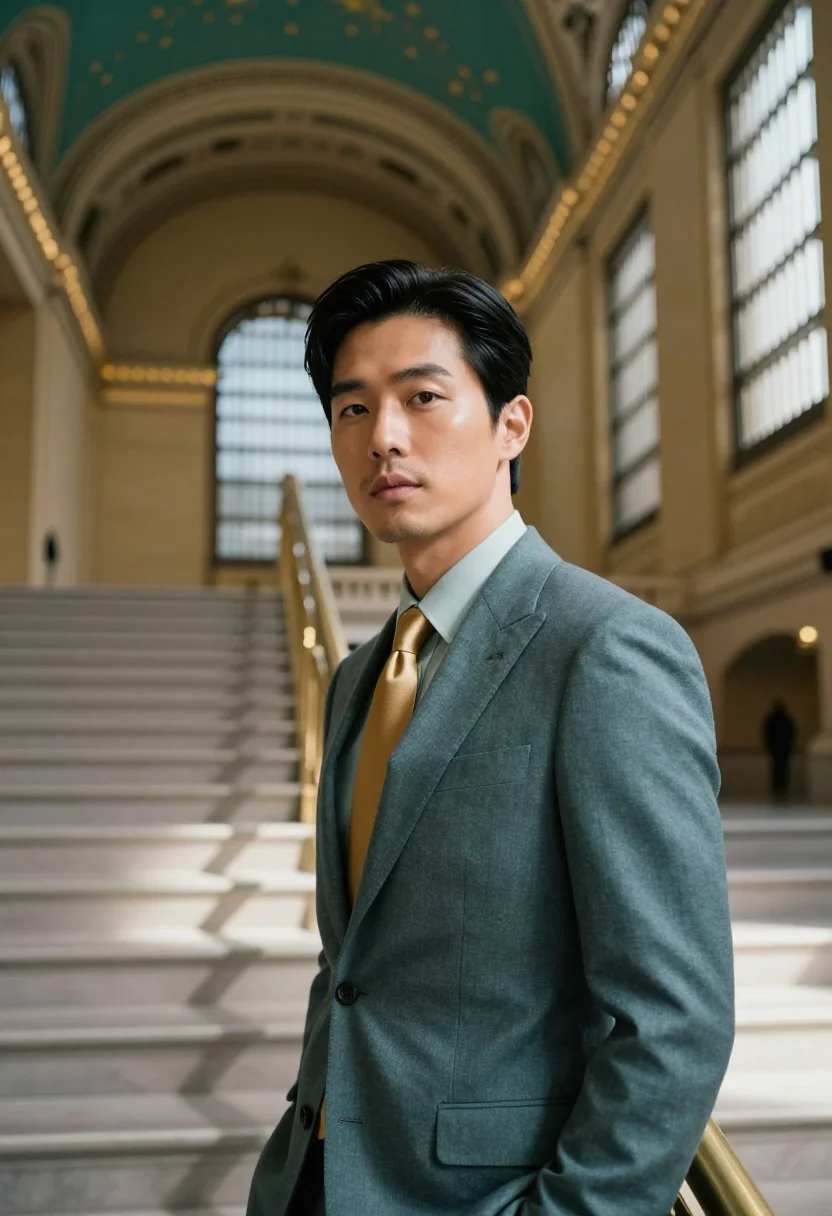 AI grand central executive celestial teal sample — portrait of a man, framed chest-up, cropped at the ribs, the