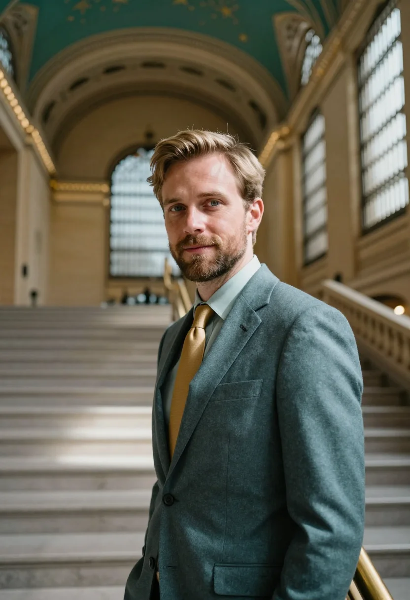 AI grand central executive celestial teal sample — portrait of a man, framed tight, head and shoulders, the bod