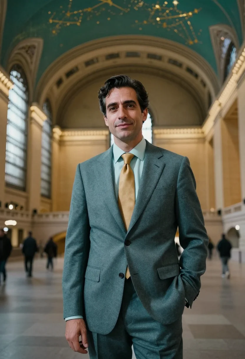AI grand central executive celestial teal sample — portrait of a man, framed at half-length, cropped at the hip