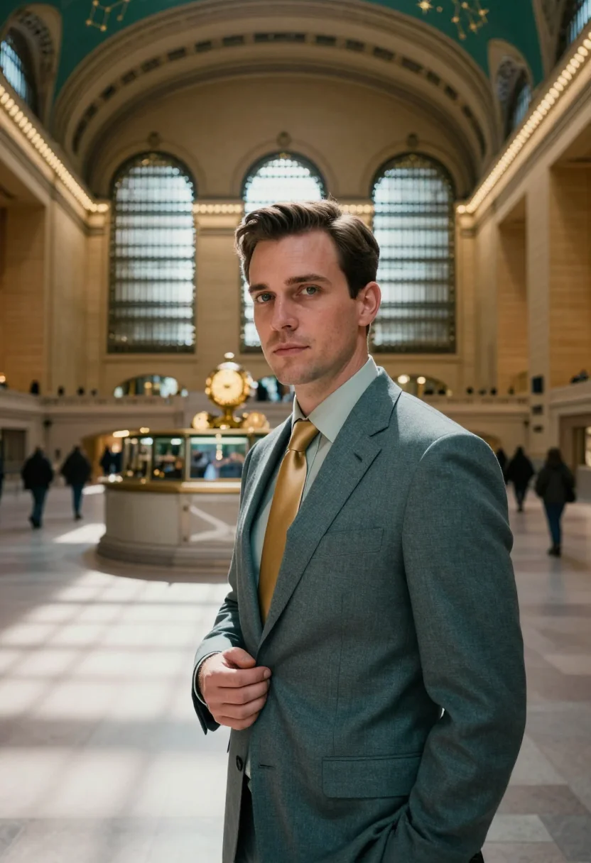 AI grand central executive celestial teal sample — portrait of a man, framed chest-up, cropped at the ribs, the