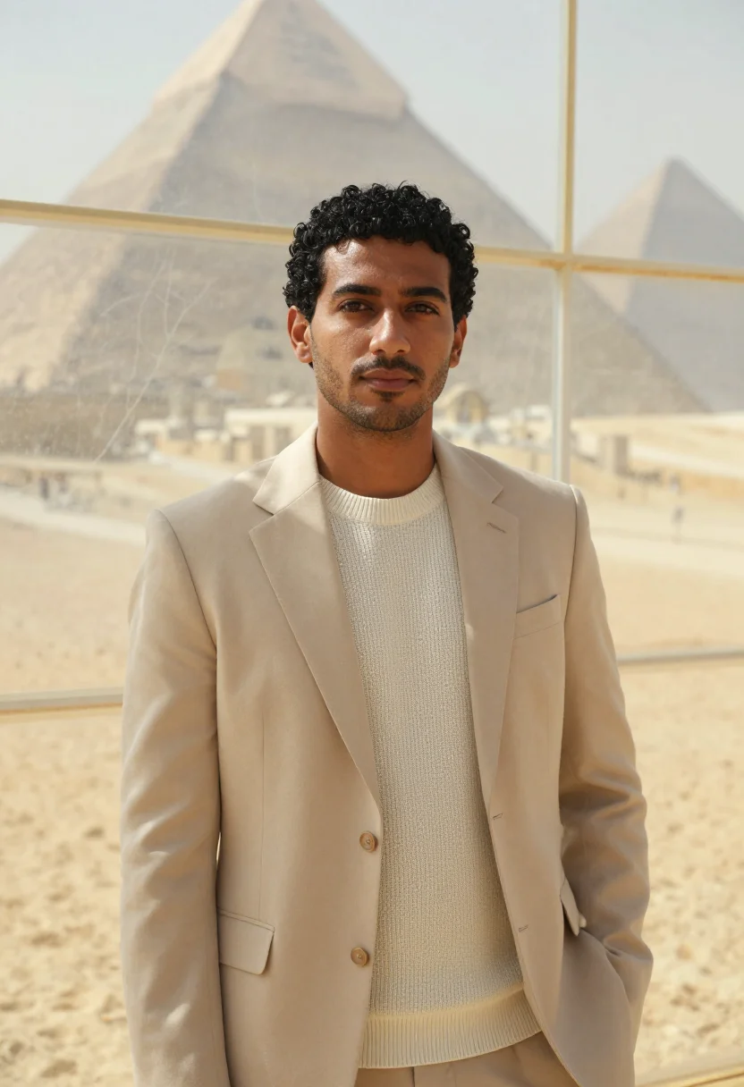 AI grand egyptian museum curator alabaster glass sample — portrait of a man, an Egyptian curator in his mid-thirties w