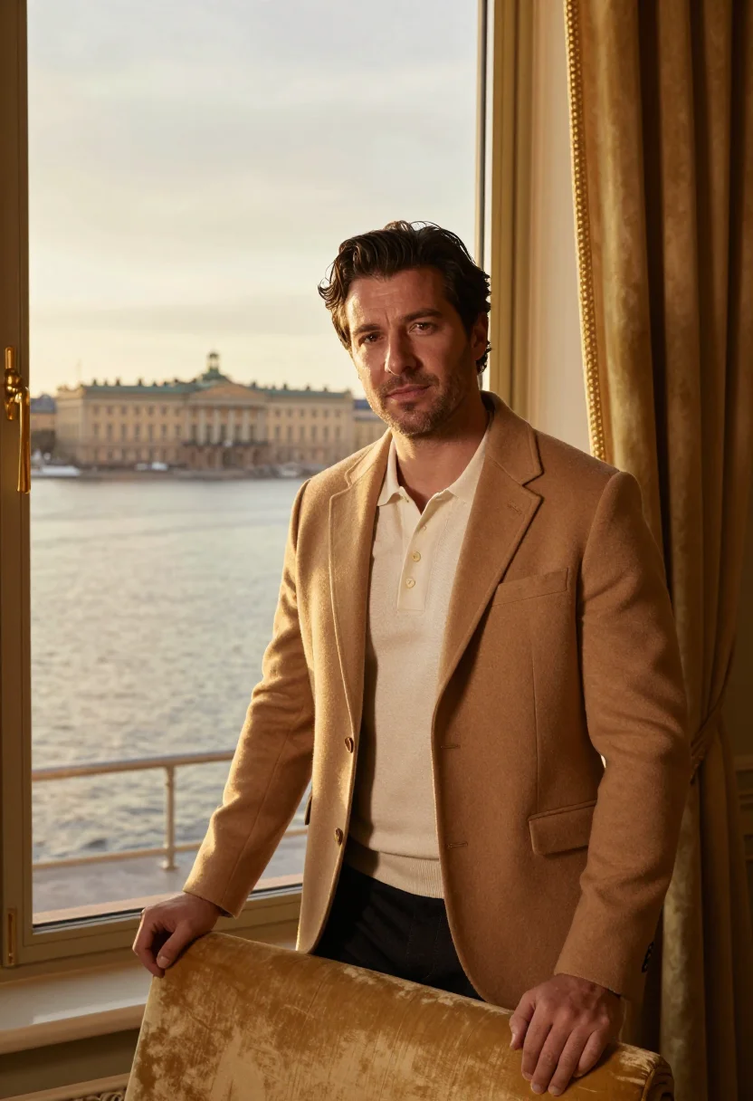 AI grand hotel stockholm waterfront gold sample — portrait of a man, a hotel guest in his forties of Italian d