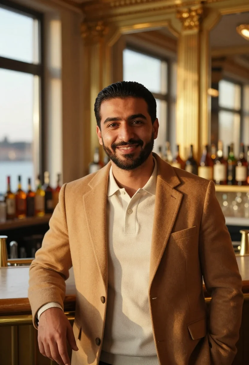 AI grand hotel stockholm waterfront gold sample — portrait of a man, a hotel guest in his forties of Iranian-S