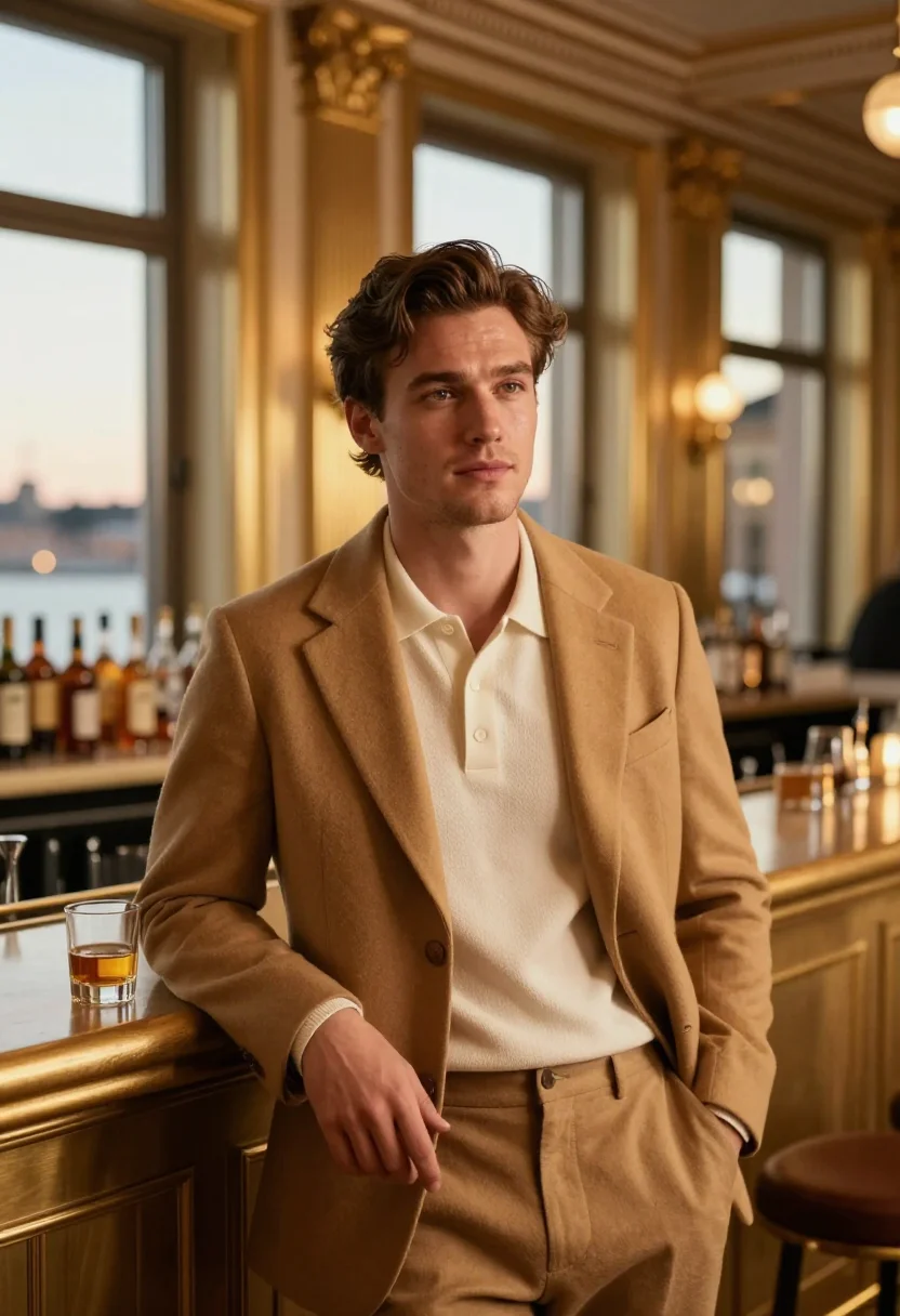 AI grand hotel stockholm waterfront gold sample — portrait of a man, a hotel guest in his twenties of English