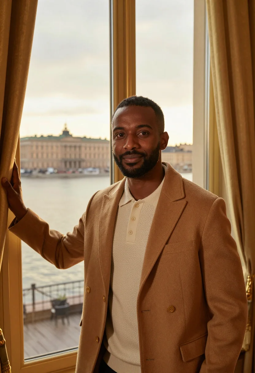 AI grand hotel stockholm waterfront gold sample — portrait of a man, a hotel guest in his thirties of Ethiopia
