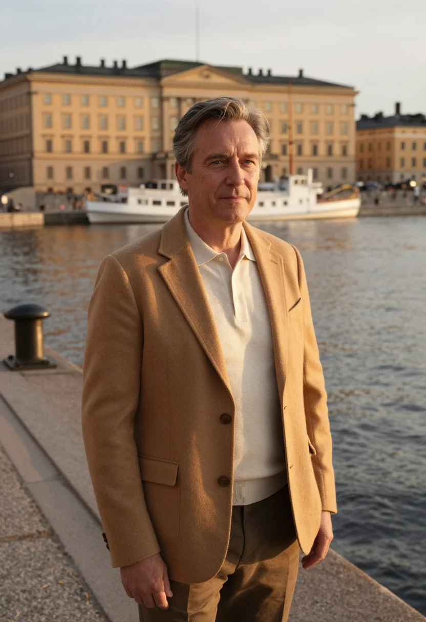AI grand hotel stockholm waterfront gold sample — portrait of a man, a hotel guest in his fifties of German de