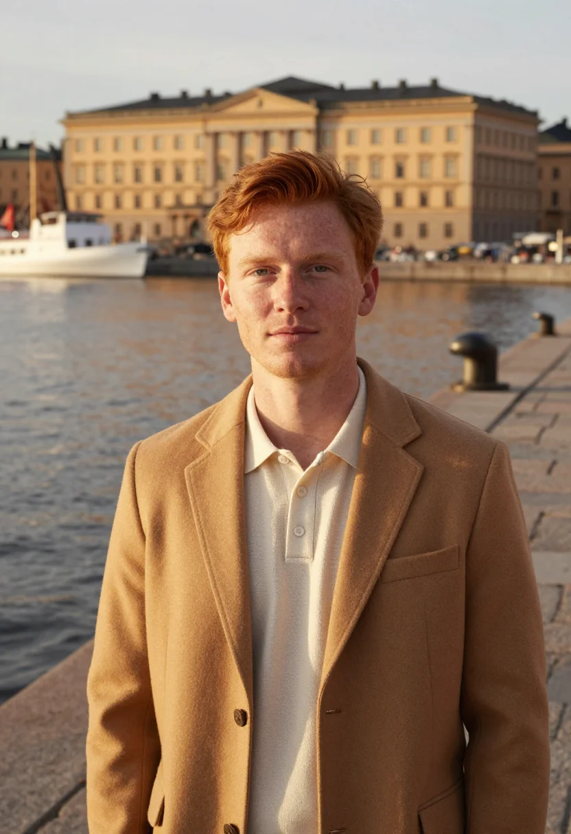 AI grand hotel stockholm waterfront gold sample — portrait of a man, a hotel guest in his twenties of Swedish