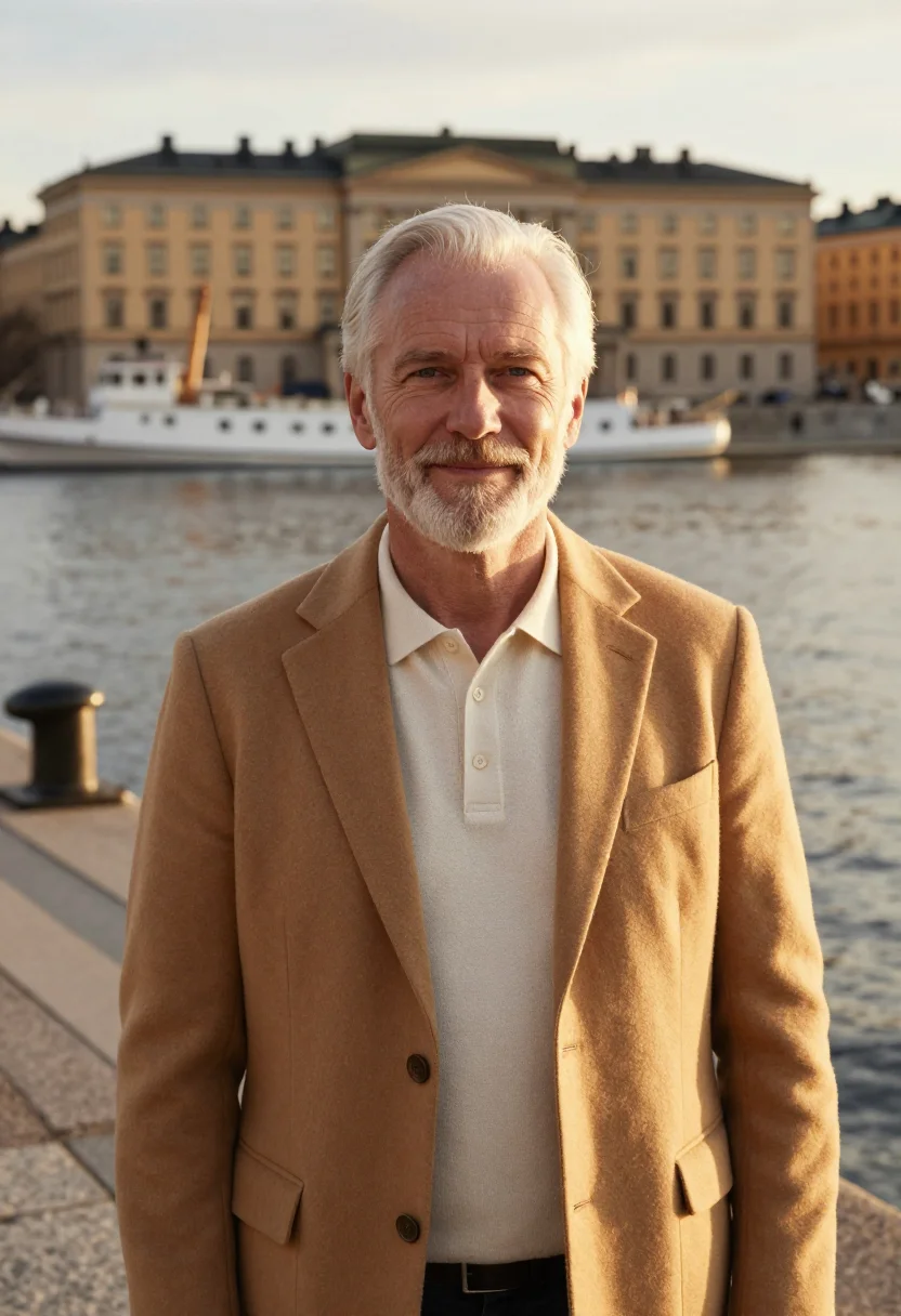 AI grand hotel stockholm waterfront gold sample — portrait of a man, a hotel guest in his sixties of Danish de