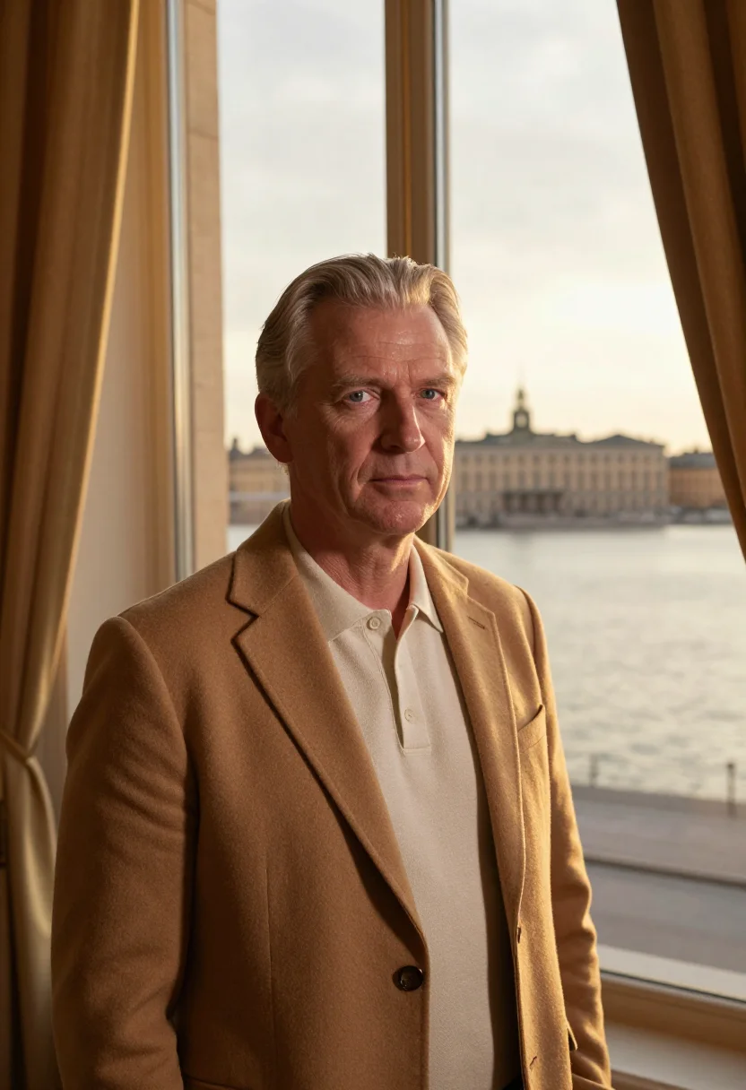 AI grand hotel stockholm waterfront gold sample — portrait of a man, a hotel guest in his fifties of Finnish d