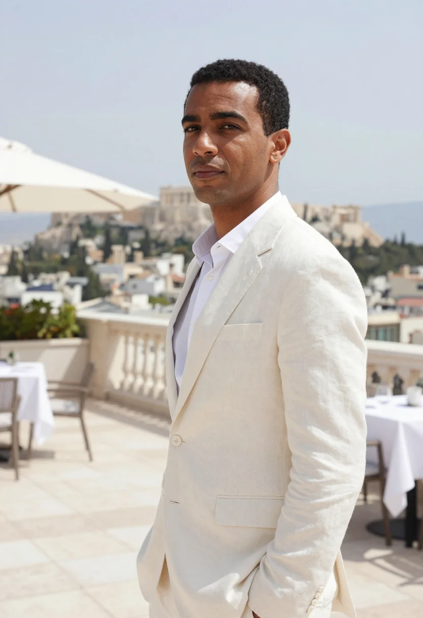 AI grande bretagne athens roof garden acropolis sample — portrait of a man, an Egyptian guest in his mid-thirties wit