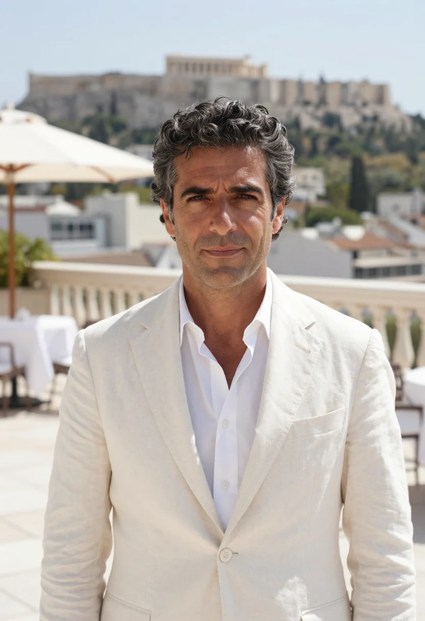 AI grande bretagne athens roof garden acropolis sample — portrait of a man, a Spanish guest in his mid-forties with o