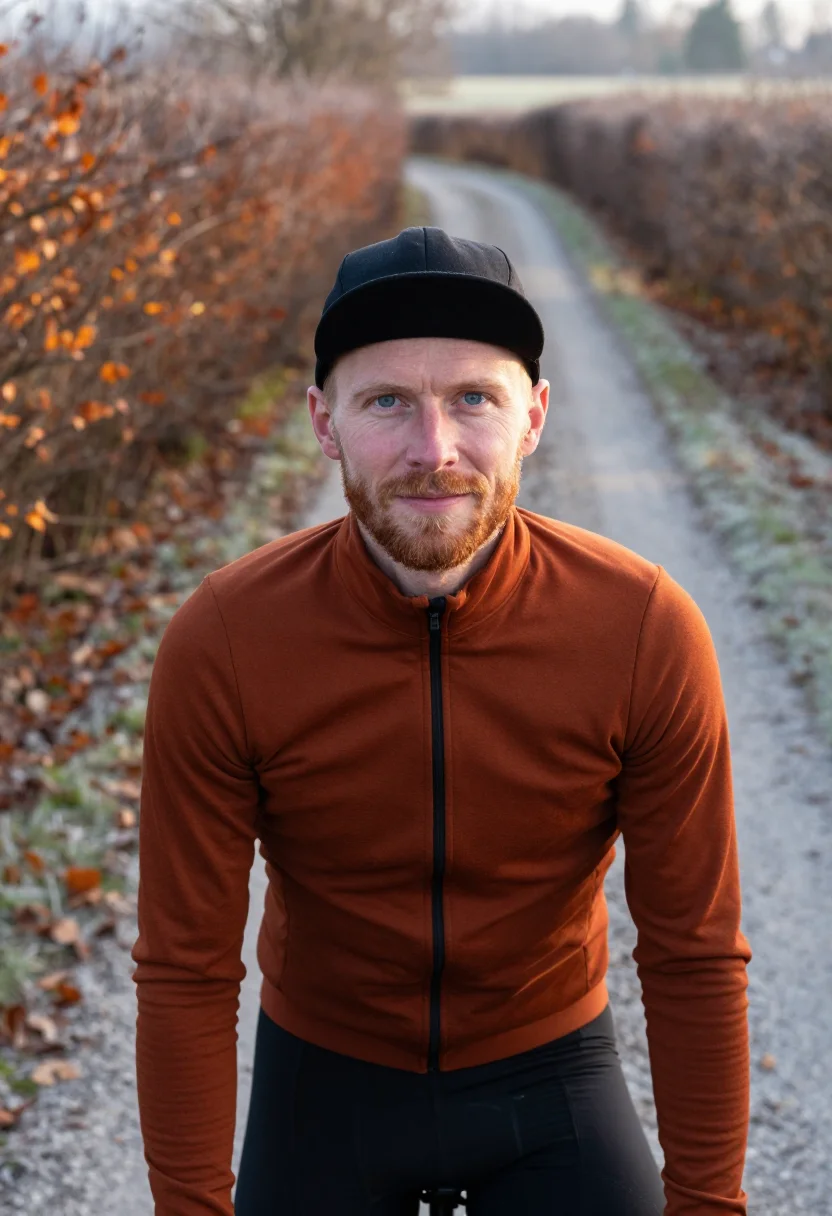 AI gravel bike frost rust sample — portrait of a man, framed tight, head and shoulders, the bod