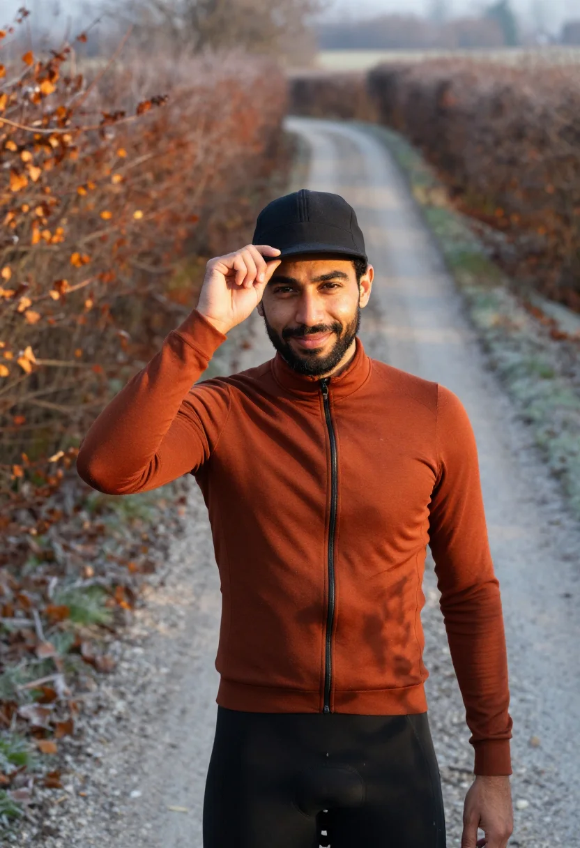 AI gravel bike frost rust sample — portrait of a man, framed chest-up, cropped at the ribs, the