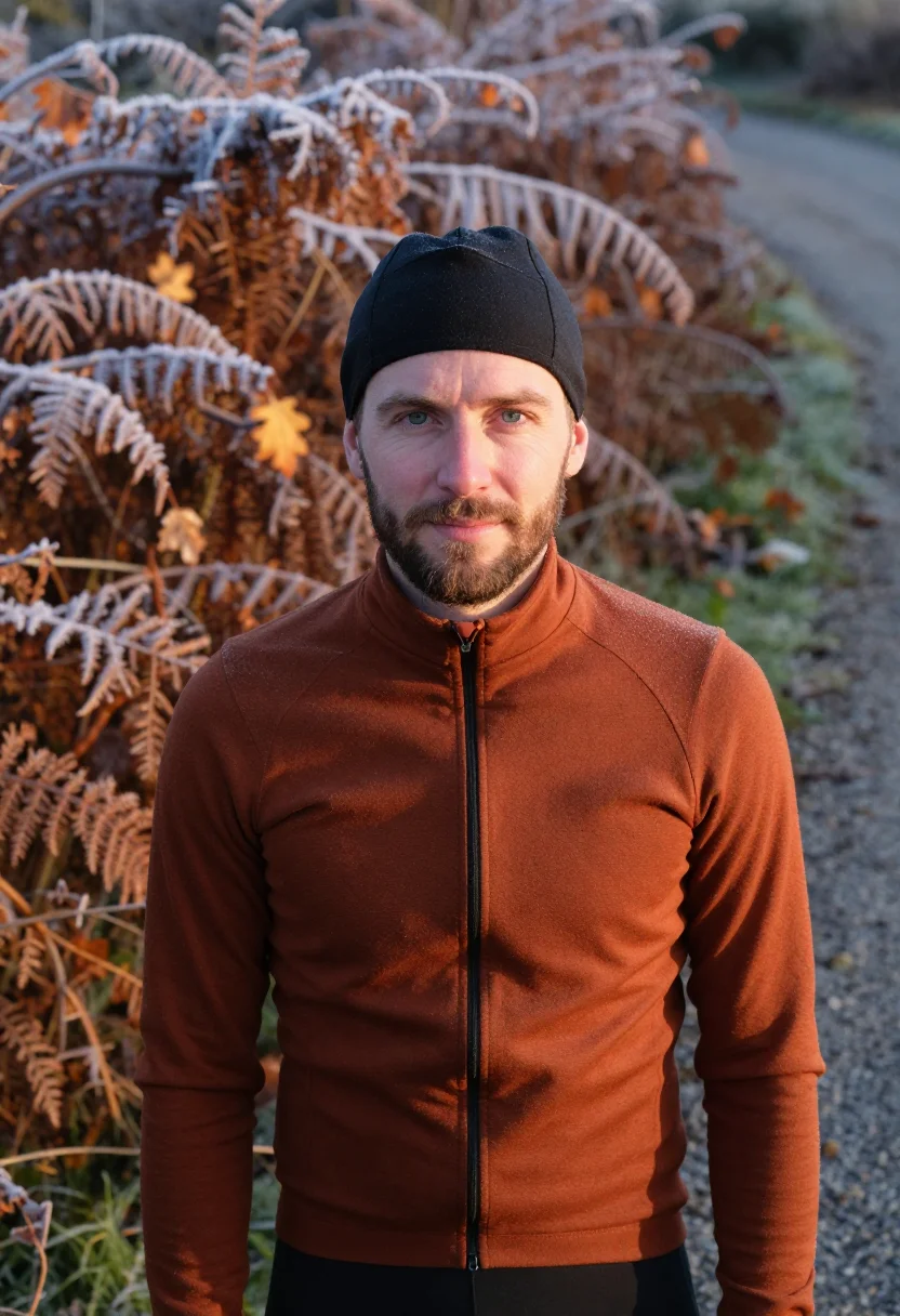 AI gravel bike frost rust sample — portrait of a man, framed tight, head and shoulders, the bod