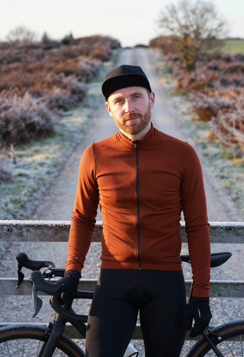 AI gravel bike frost rust sample — portrait of a man, framed tight, head and shoulders, the bod