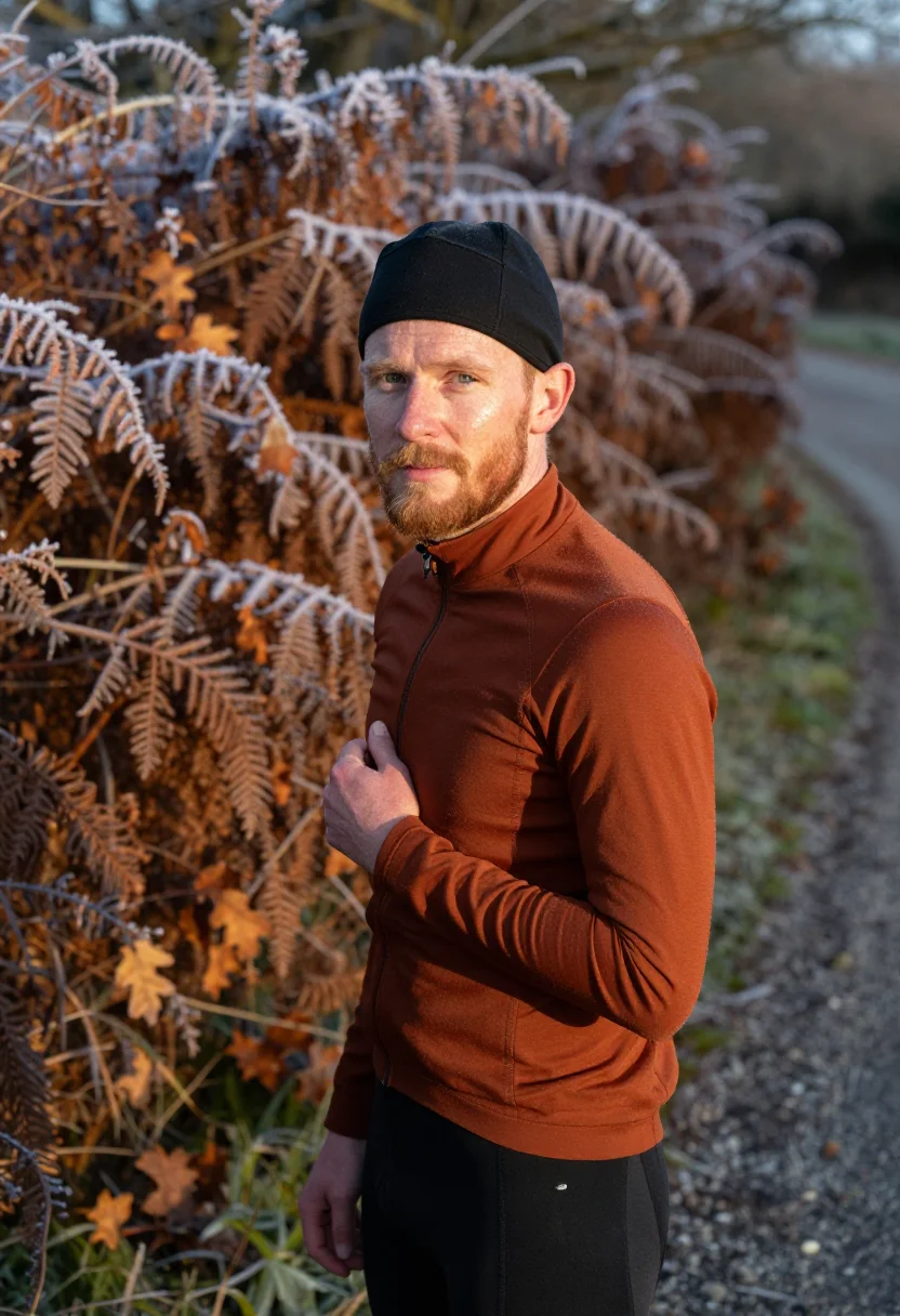 AI gravel bike frost rust sample — portrait of a man, framed chest-up, cropped at the ribs, the