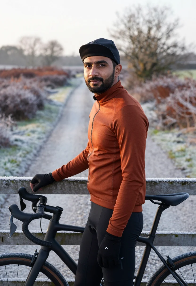 AI gravel bike frost rust sample — portrait of a man, framed chest-up, cropped at the ribs, the