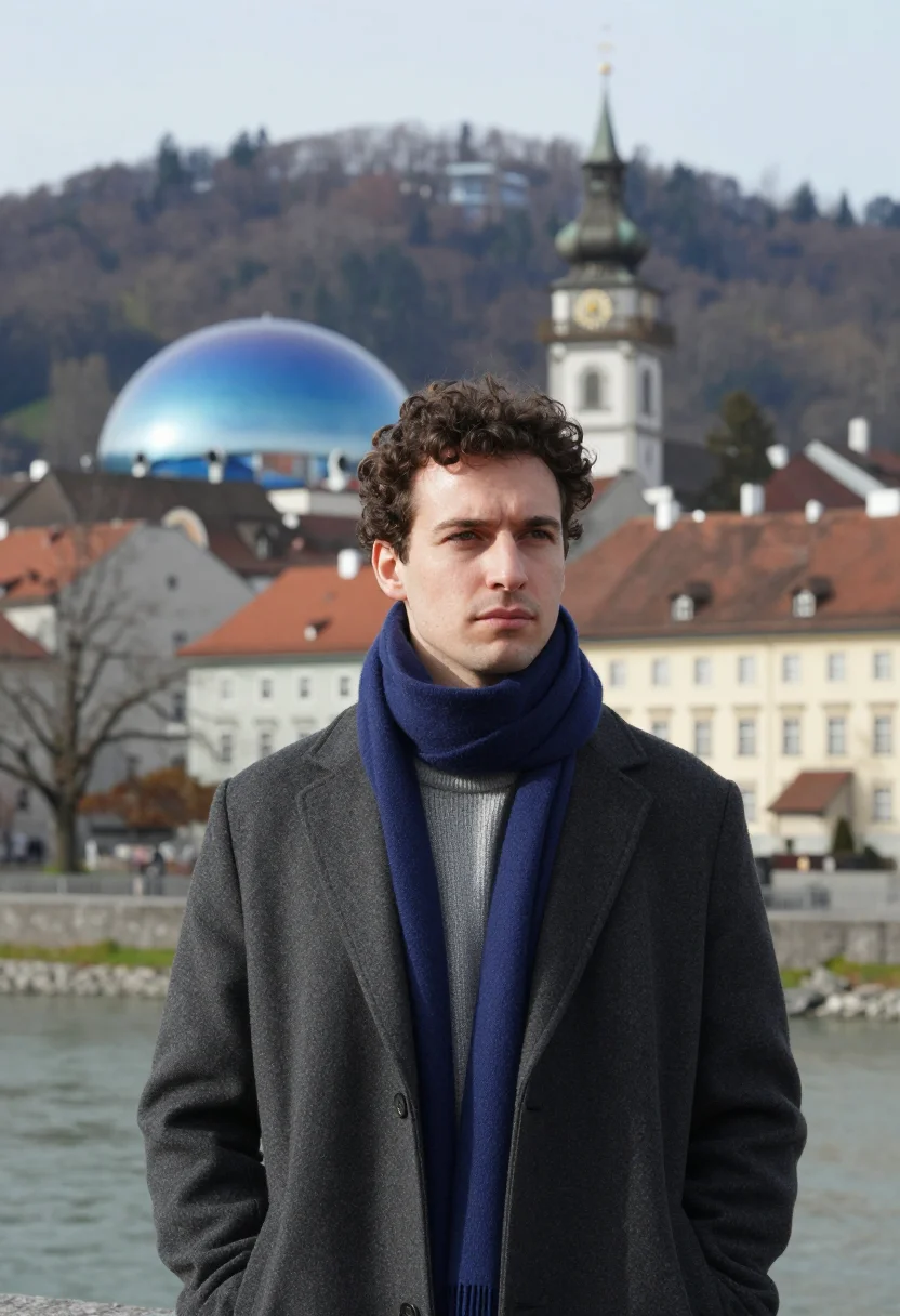 AI graz architect blue acrylic bubble sample — portrait of a man, an architect in his late twenties with fa