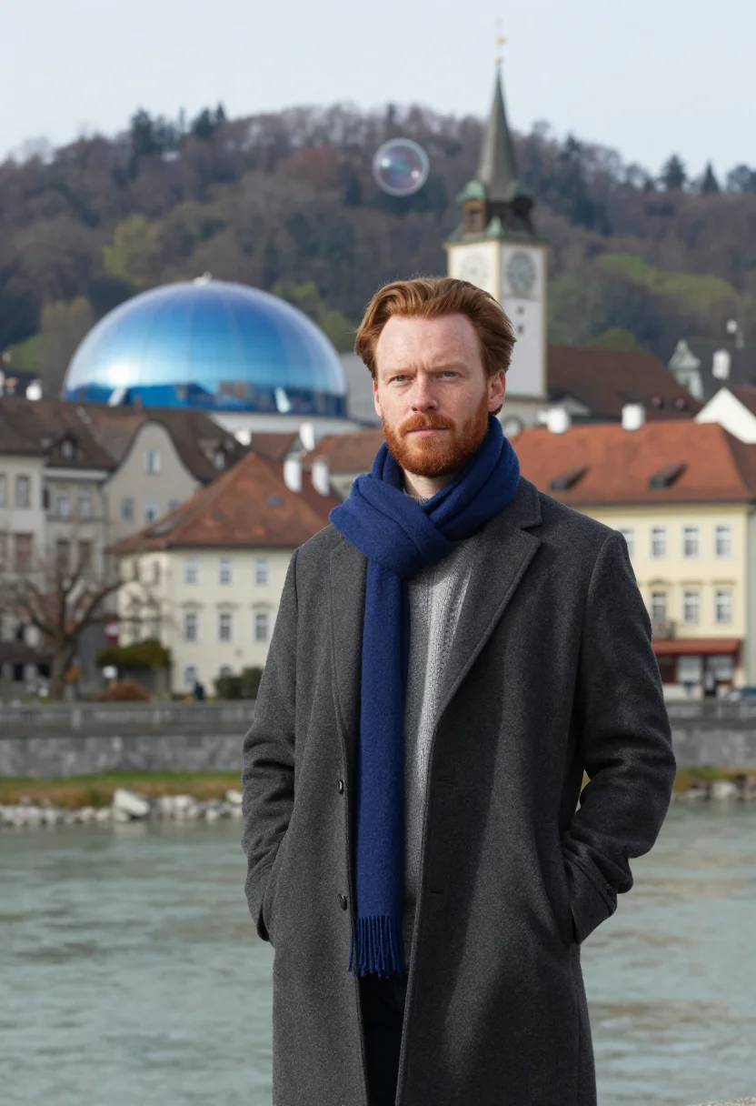 AI graz architect blue acrylic bubble sample — portrait of a man, an architect in his late thirties with fr